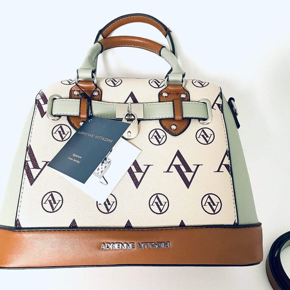 ADRIENNE VITTADINI Medium Dome Satchel Signature Handbag Purse Logo  Beige